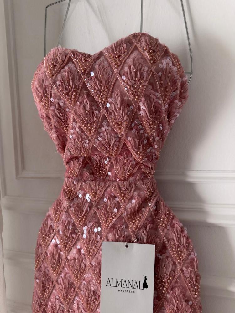 فستان سهره مطرز خرز  اكمام منفصله بينك