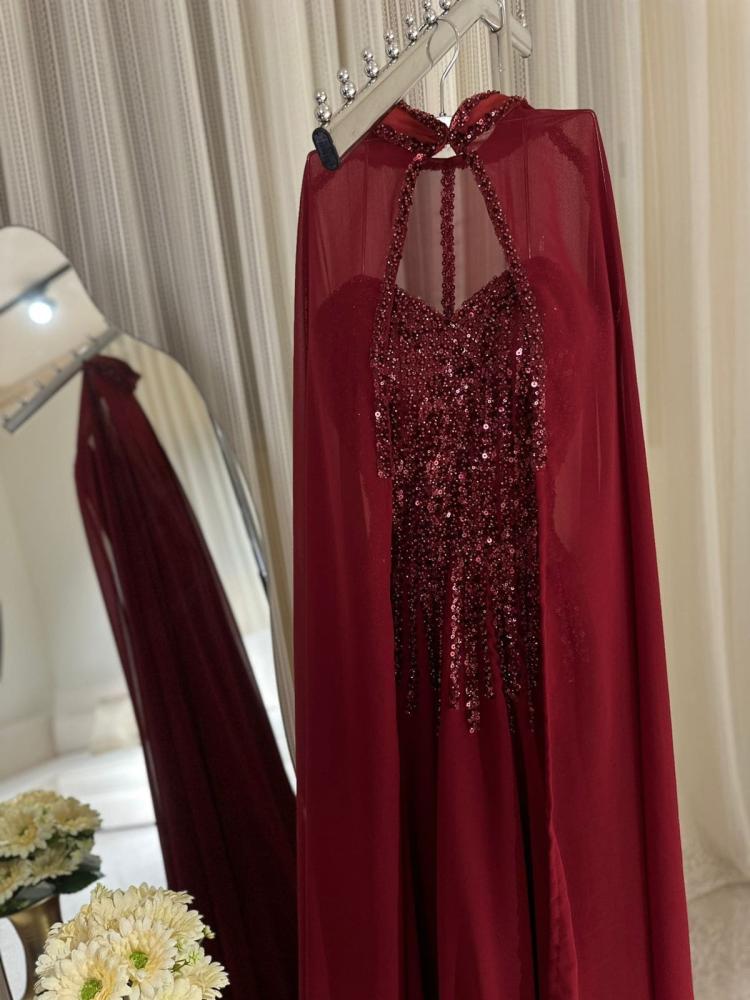 فستان سهره لون عنابي مطرز بترتر