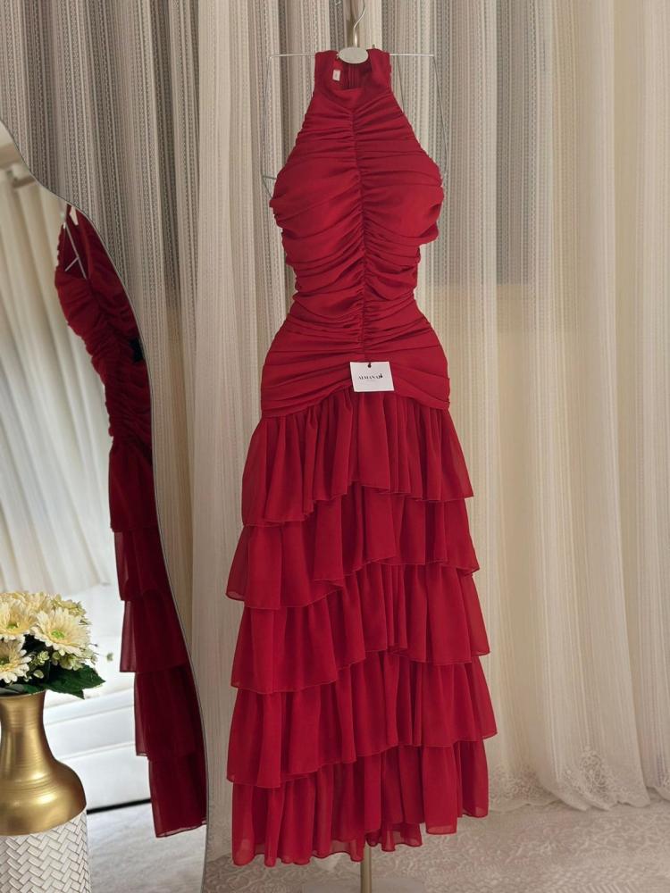 فستان ناعم احمر  هالتر طبقات