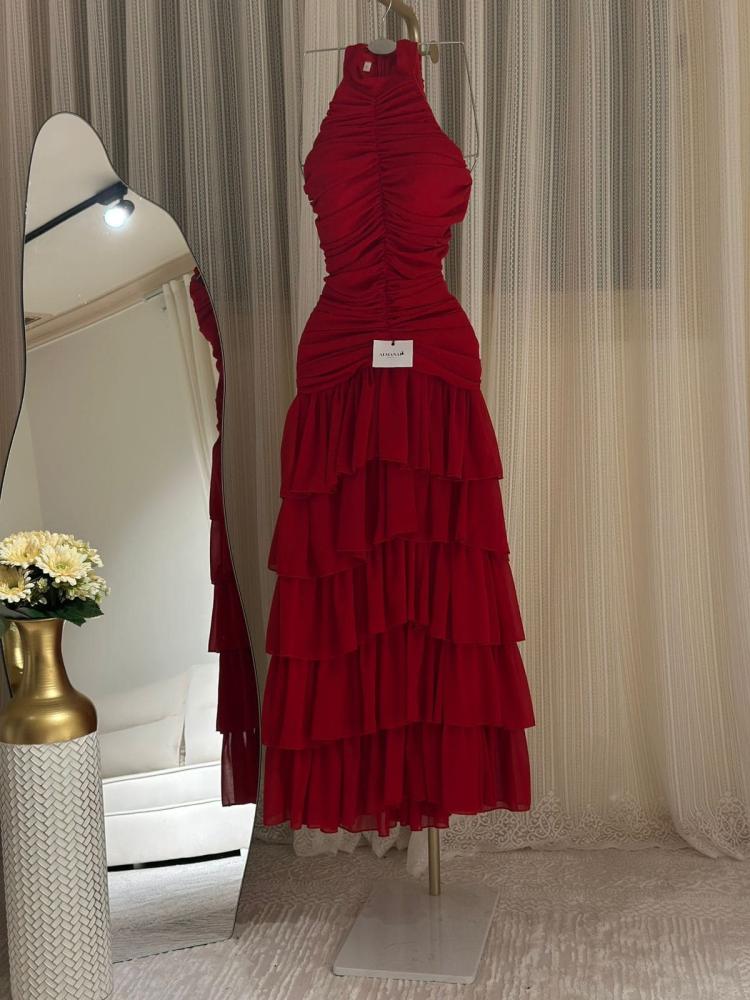 فستان ناعم احمر  هالتر طبقات