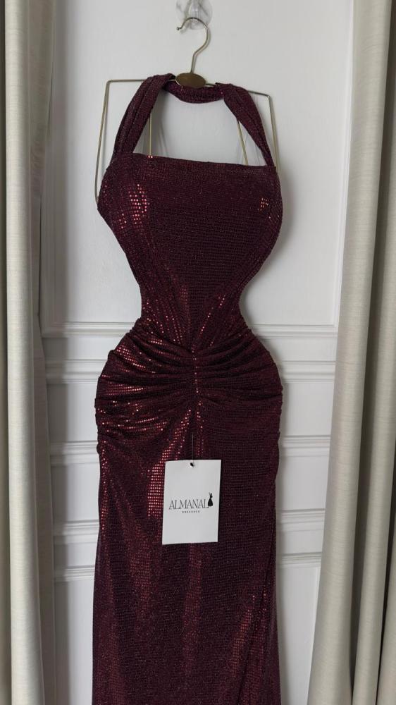 فستان سهره لمعه استرتس عنابي