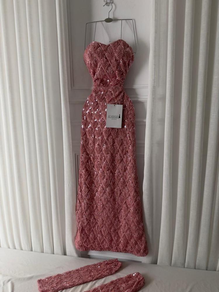 فستان سهره مطرز خرز  اكمام منفصله بينك