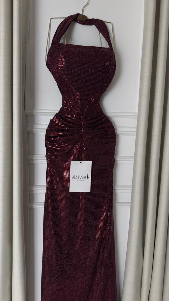 فستان سهره لمعه استرتس عنابي