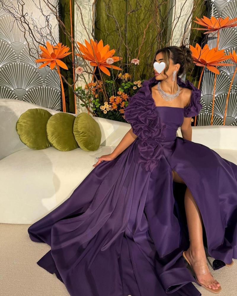 سهرة ميكادو  بنفسجي ملكي بأكمام منفوشة وخامة تفت لامعة