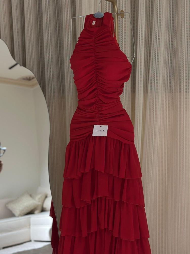 فستان ناعم احمر  هالتر طبقات