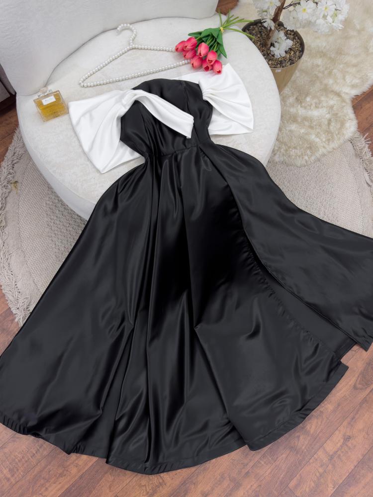 سهرة تفته أسود بأكمام أوف شولدر ذهبية وقصة صدر ملتفة