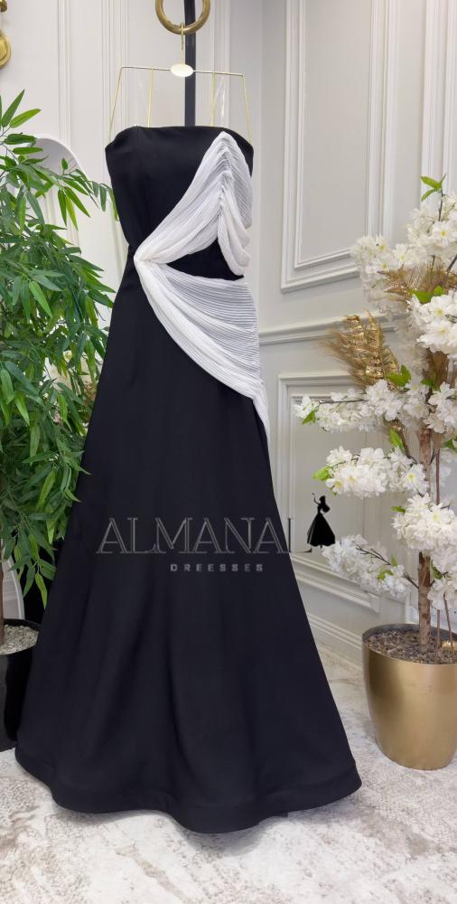 فستان أسود كريب بكشاكش بيضاء