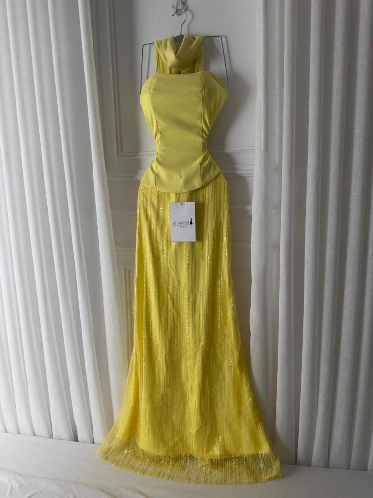 فستان سهره اصفر مع شال