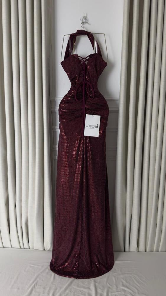 فستان سهره لمعه استرتس عنابي