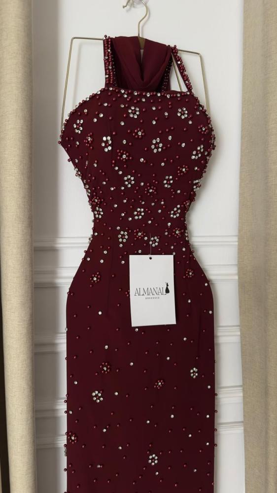 فستان سهره عودي تفته وجورجيت تطريز لولو وزركون