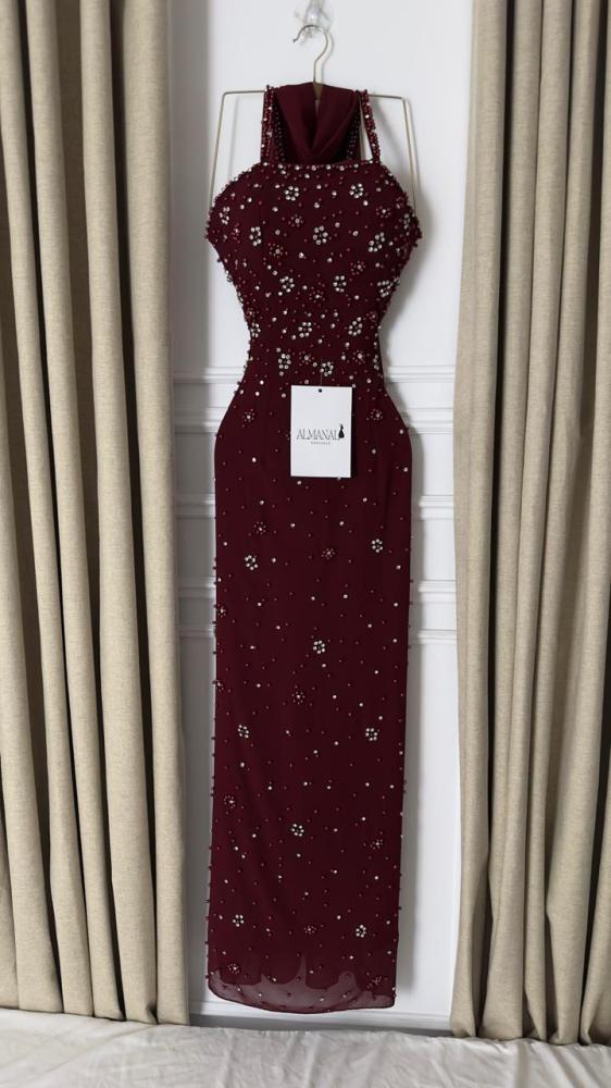 فستان سهره عودي تفته وجورجيت تطريز لولو وزركون