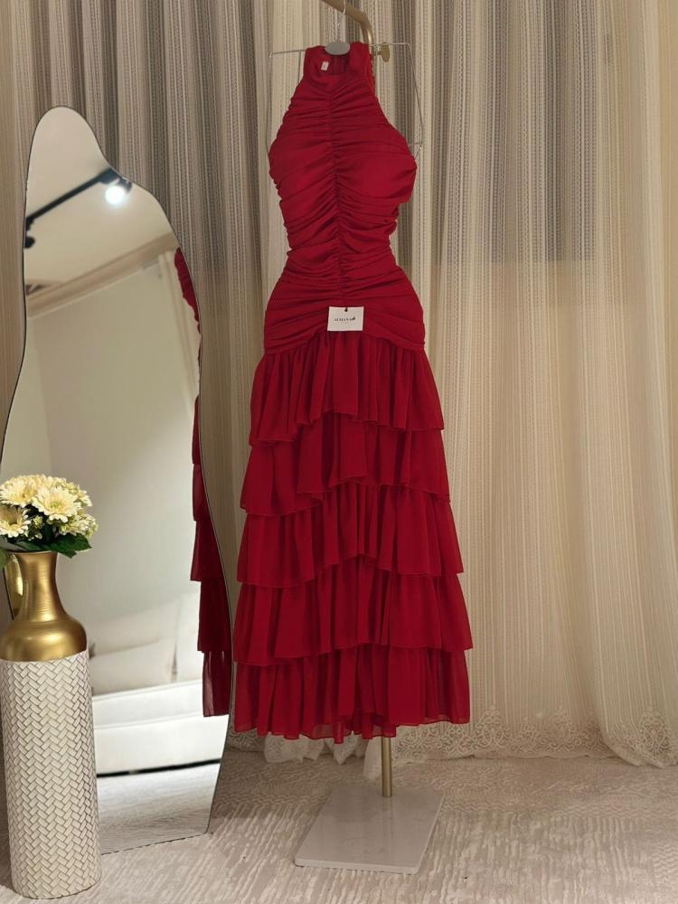 فستان ناعم احمر  هالتر طبقات