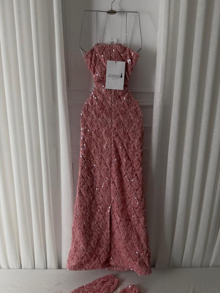 فستان سهره مطرز خرز  اكمام منفصله بينك