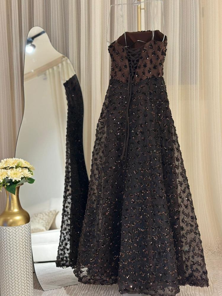 فستان بني سهره كلفه ترتر