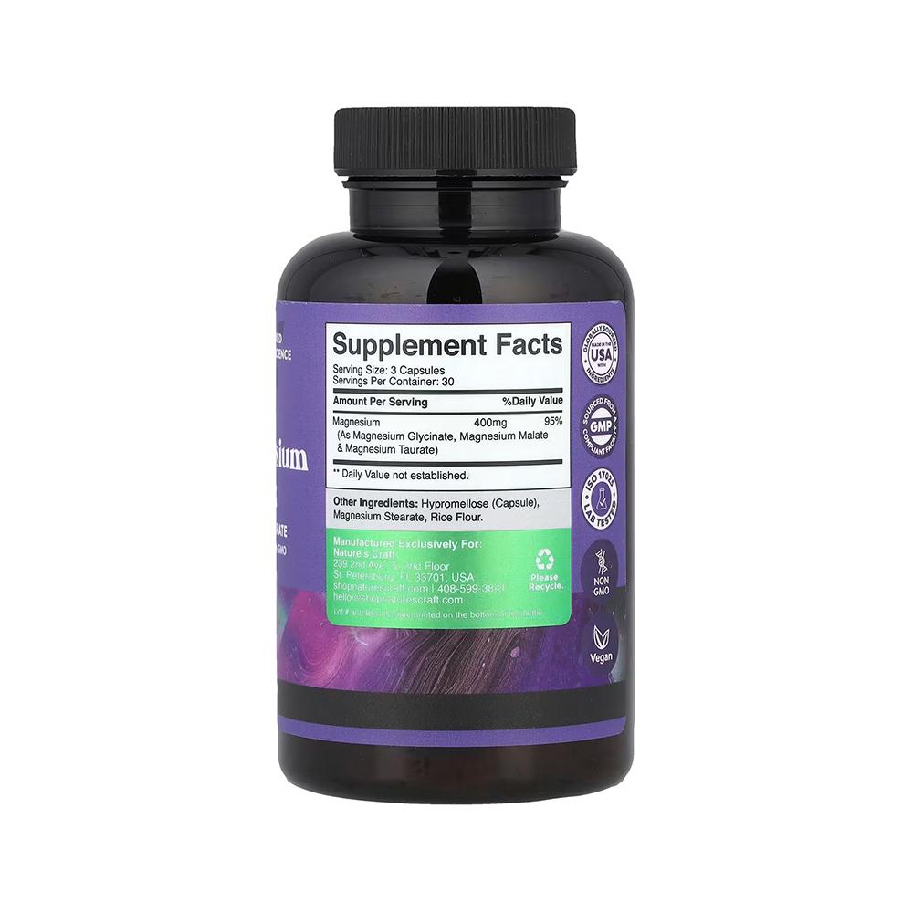 Nature's Craft, Triple Magnesium Complex (Glycinate, Malate, Taurate), 400 mg, High Absorption, Dietary Supplement - 90 Capsules