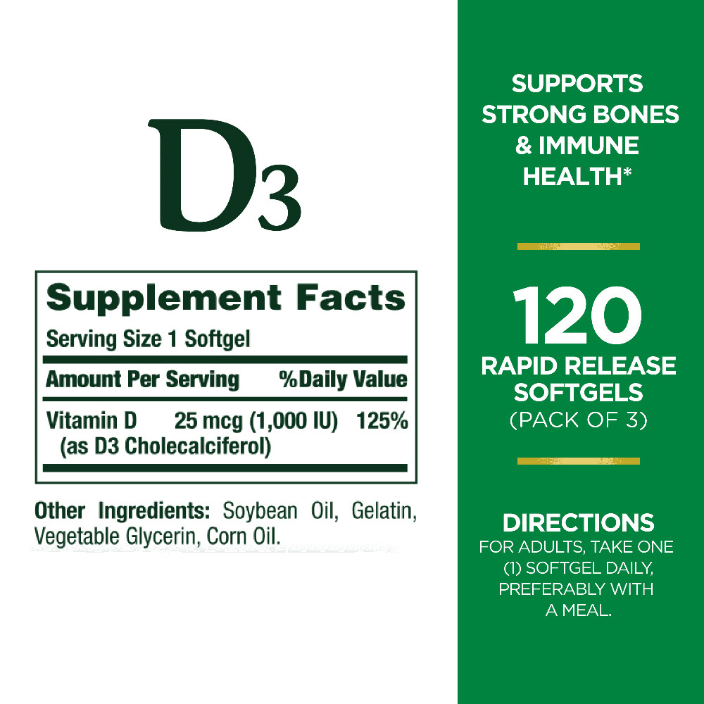 Vitamin D3 25 mcg (1000 IU) Softgels, For Healthy Bones