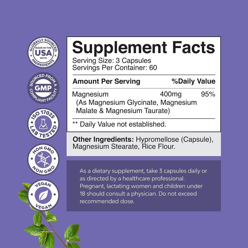 Nature's Craft, Triple Magnesium Complex (Glycinate, Malate, Taurate), 400 mg, High Absorption, Dietary Supplement - 90 Capsules