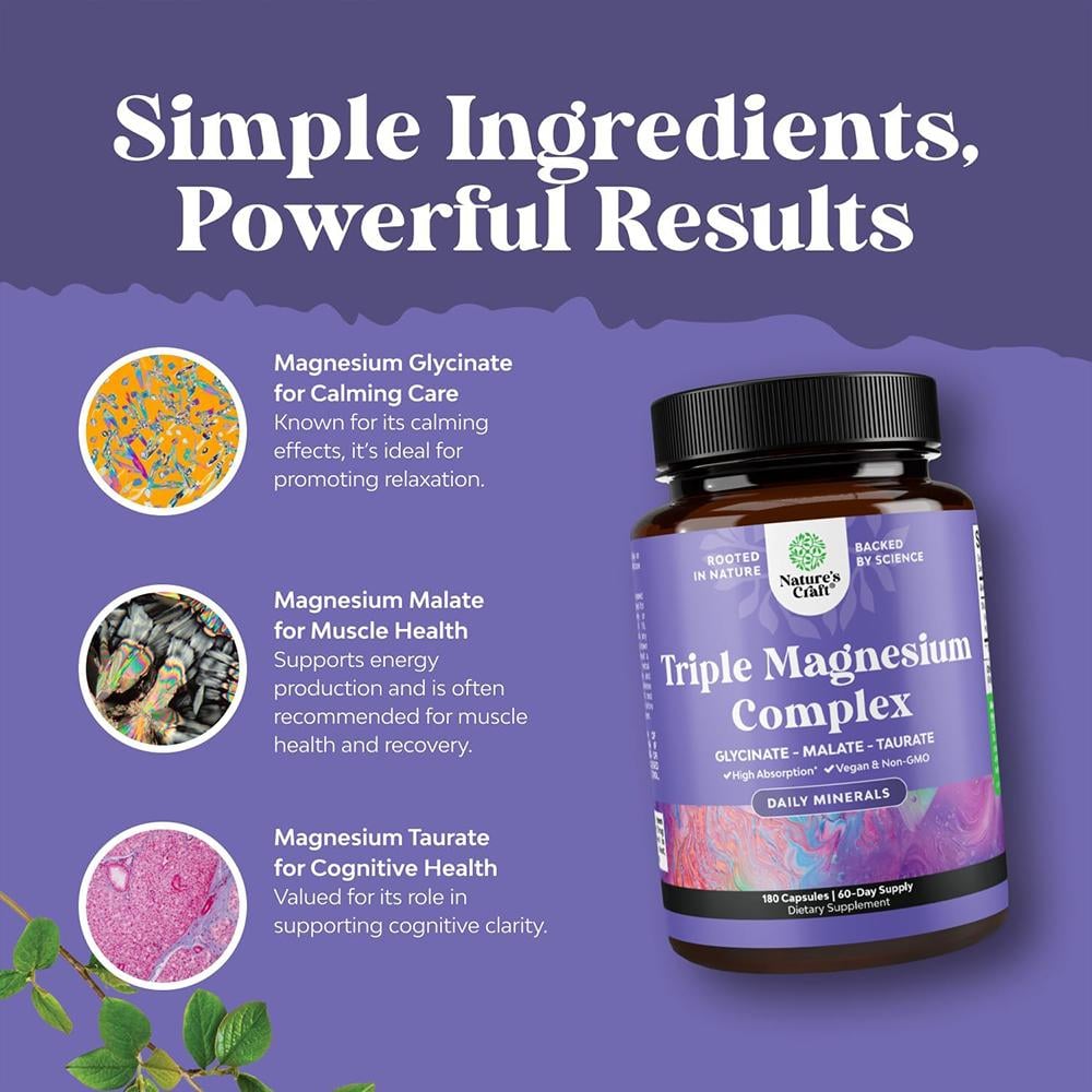 Nature's Craft, Triple Magnesium Complex (Glycinate, Malate, Taurate), 400 mg, High Absorption, Dietary Supplement - 90 Capsules