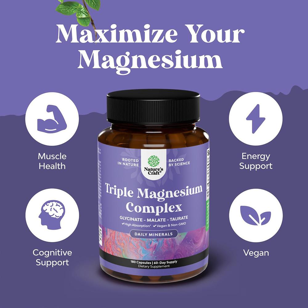 Nature's Craft, Triple Magnesium Complex (Glycinate, Malate, Taurate), 400 mg, High Absorption, Dietary Supplement - 90 Capsules