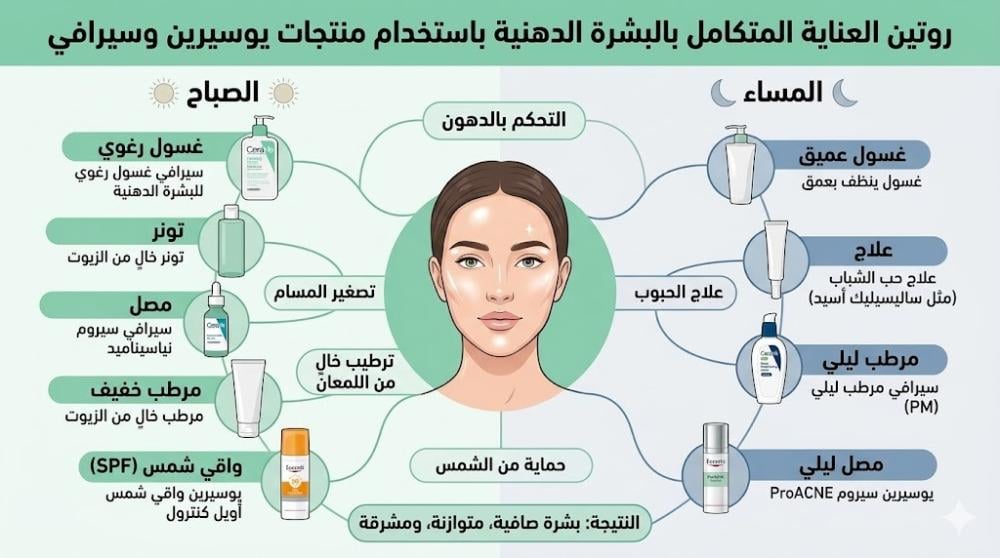 روتين العناية المتكامل بالبشرة الدهنية باستخدام منتجات يوسيرين وسيرافي