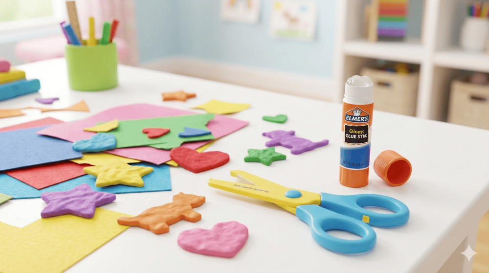 أدوات قص ولصق آمنة للأطفال مع أوراق ملونة وأشكال مقصوصة