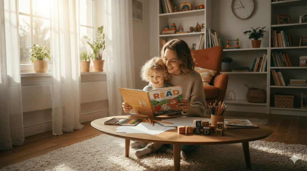 أم وطفلها يقرآن قصة معاً في جو أسري دافئ ومحفز للتعلم