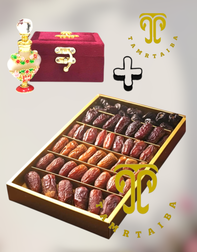 1 كيلو من ستة أنواع من تمور المدينة المنورة الفاخرة + مسك الروضة الشريفة نصف تولة