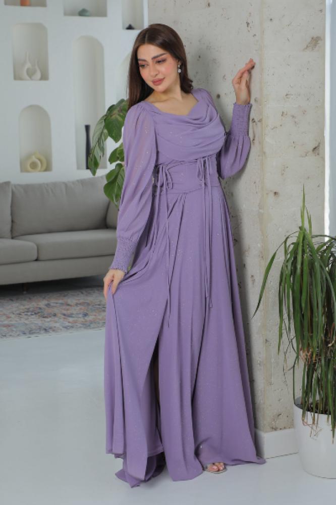 فستان شيفون بلمعة مع حزام كورسيه أنيق بلون موف فاتح