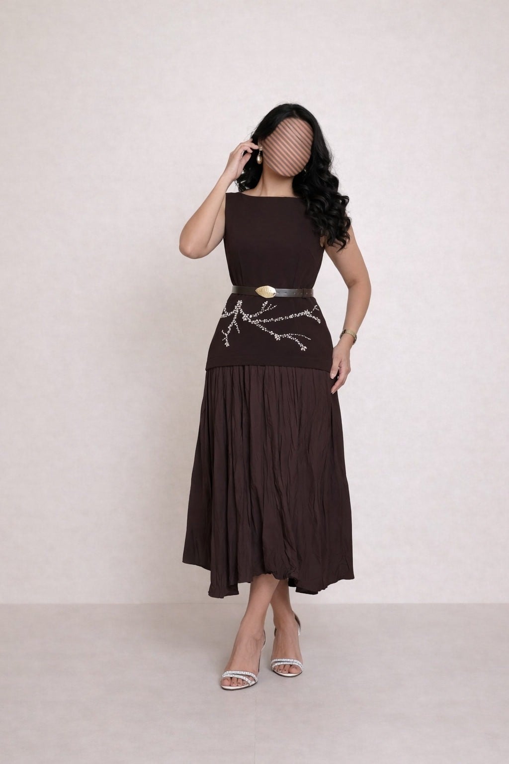 Brown evening dress with pearl embroidery and gold belt -