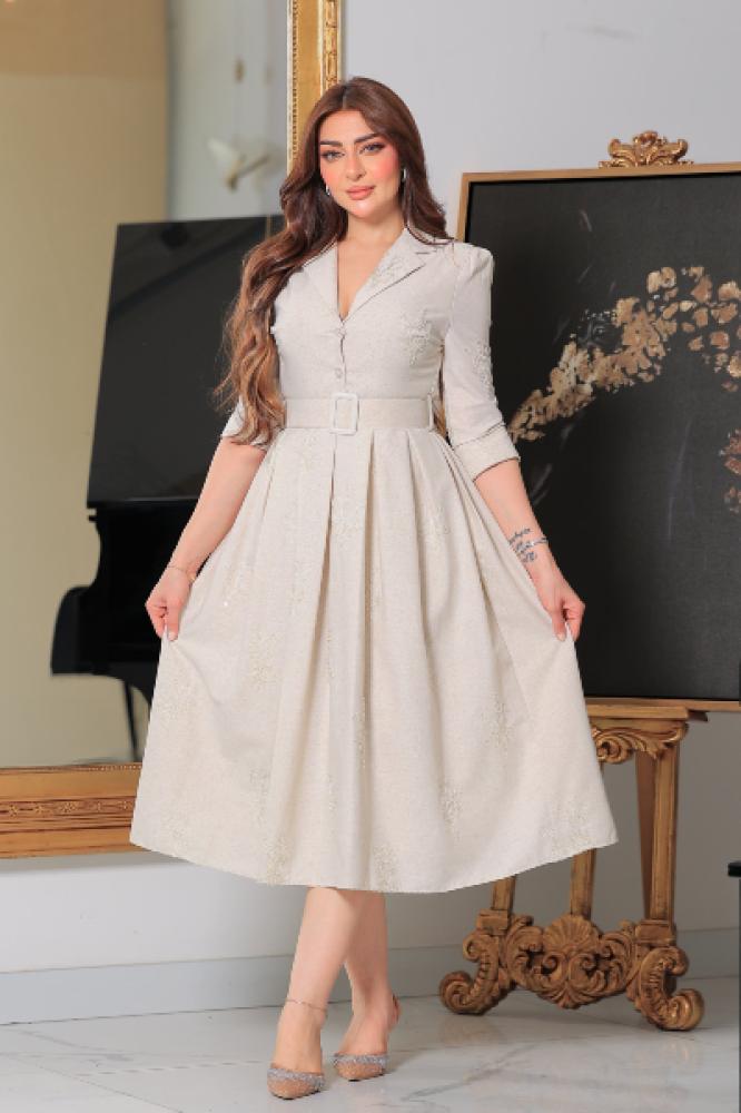 فستان ميدي رسمي مزين بترتر بياقة مطوية