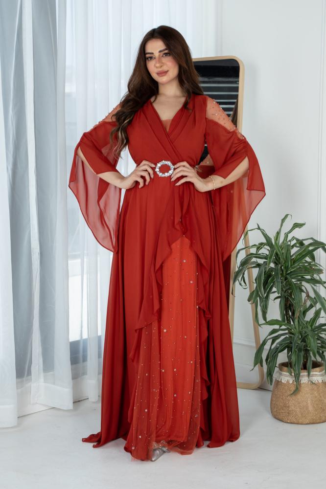 فستان شيفون فاخر بكتف شفاف وكشكش جانبي