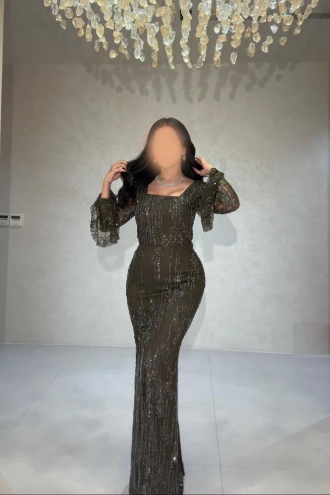 فستان زيتي غامق مطرز بالكامل بتصميم أنيق