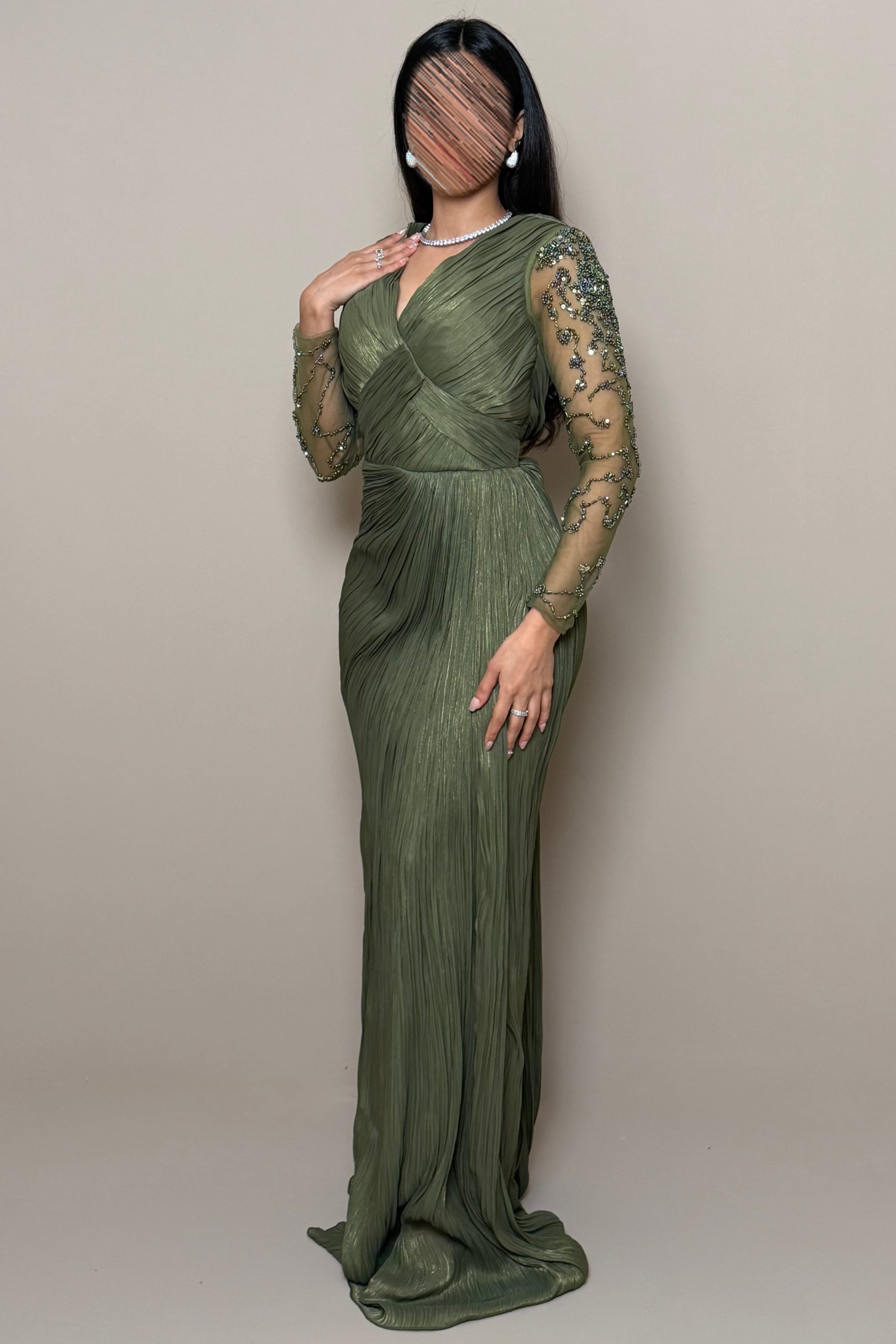 olive green sheer dress Italia Azure Halterneck Sheer Hem Maxi Dress Olive
