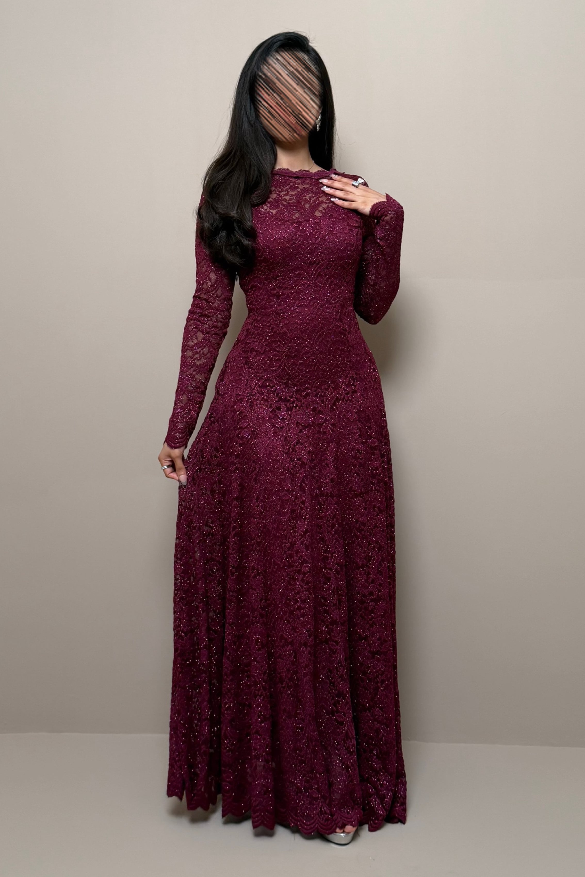 dark purple evening dress with shimmering lace, long sleeves, and an elegant, flowing silhouette Aje Strapless Mini Dress summercat_2025 Floor Length A formal Color:Periwinkle/Silver The shoulder