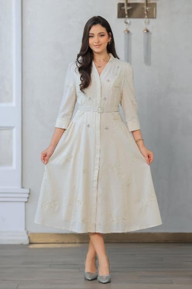 فستان ميدي أنيق مزين بكريستال بتطريز خيوط