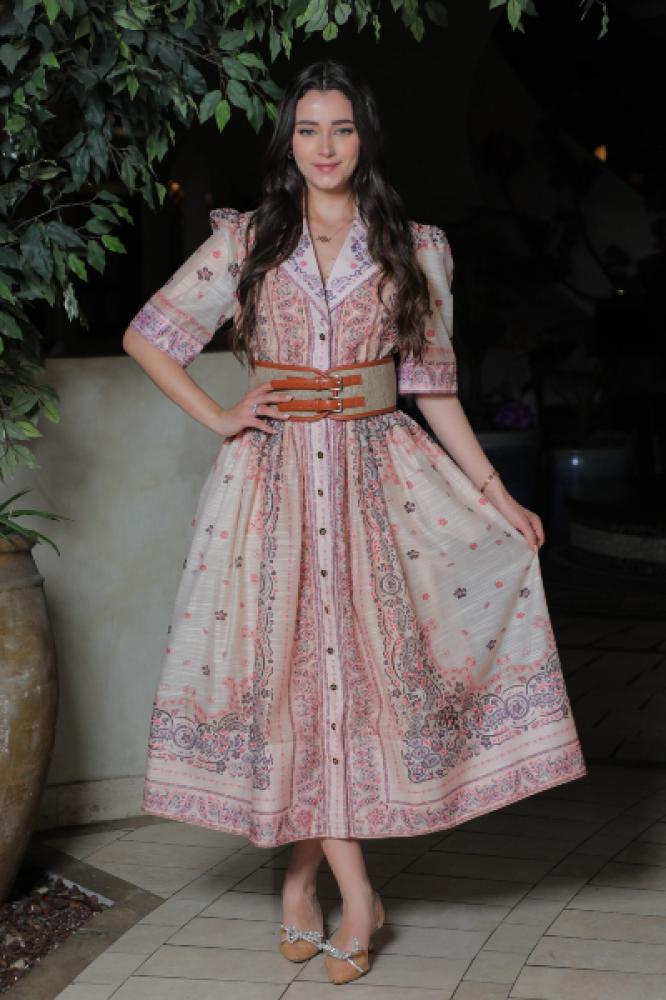 فستان ناعم رسمي بياقة مطوية بحزام سميك