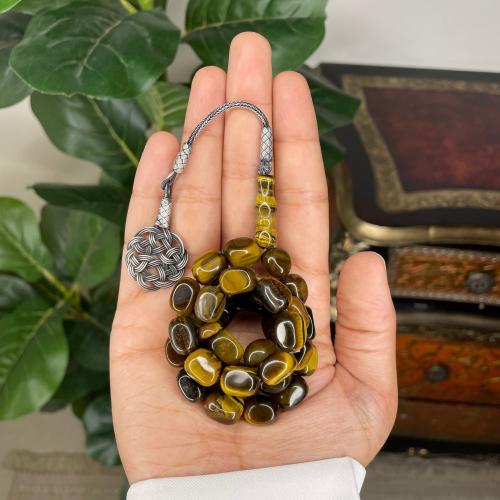 سبحة من حجر عين النمر الطبيعي (طربزونة فضة)