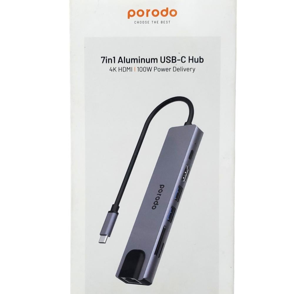 PORODO 7 IN 1 ALUMINUM USB-C HUB, 4K HDMI, 100W POWER DELIVERY , WITHOUT DELIVERY CHARGES.