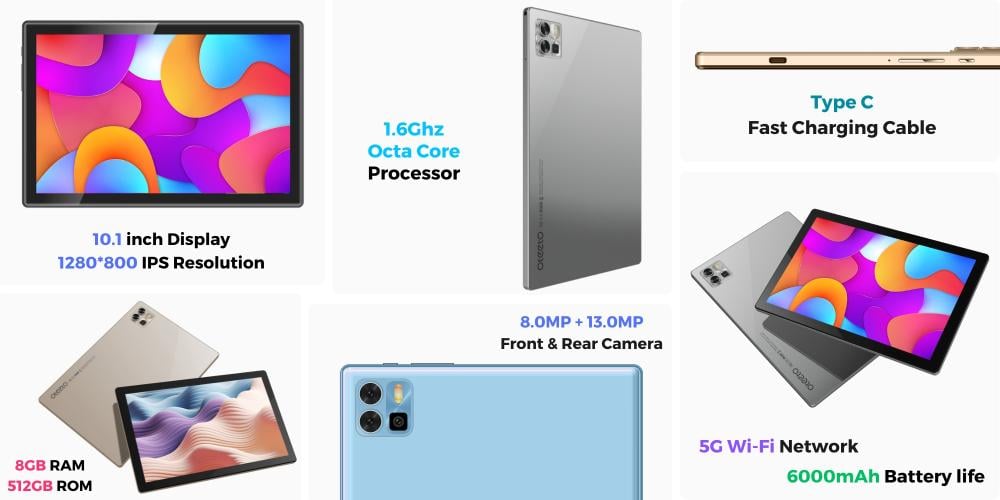تابلت Oteeto TAB 12 Pro/شاشة 10.1 بوصة IPS LCD/ذاكرة وصول عشوائي 8 جيجابايت + ذاكرة وصول عشوائي 512 جيجابايت/شبكة 5G/6000 مللي أمبير/ساعة أمامية 8 ميجابكسل + كاميرا خلفية 13 ميجابكسل/ثماني النواة 1.3 جيجا هرتز/أندرويد 13/يتضمن لوحة مفاتيح وقلم لمس وماوس (