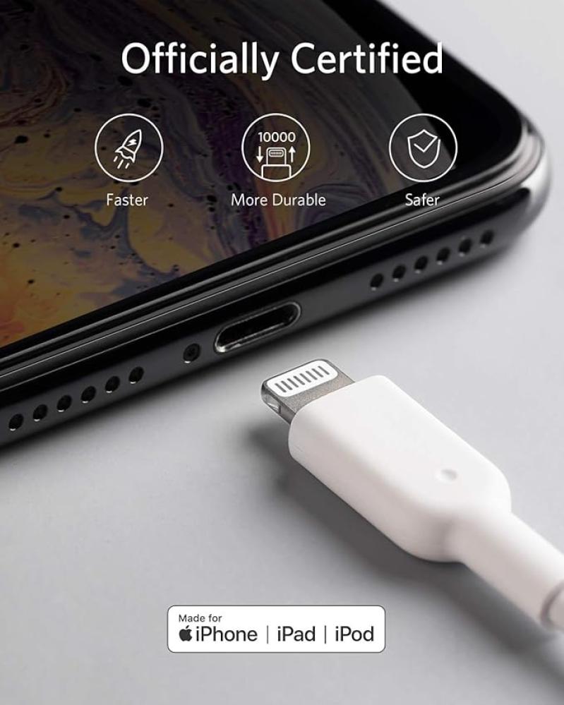 كابل Anker PowerLine II Lightning بطول 6 أقدام/1.8 متر لشحن سريع، عمر أطول للهواتف الذكية iPhone وiPod وiPad