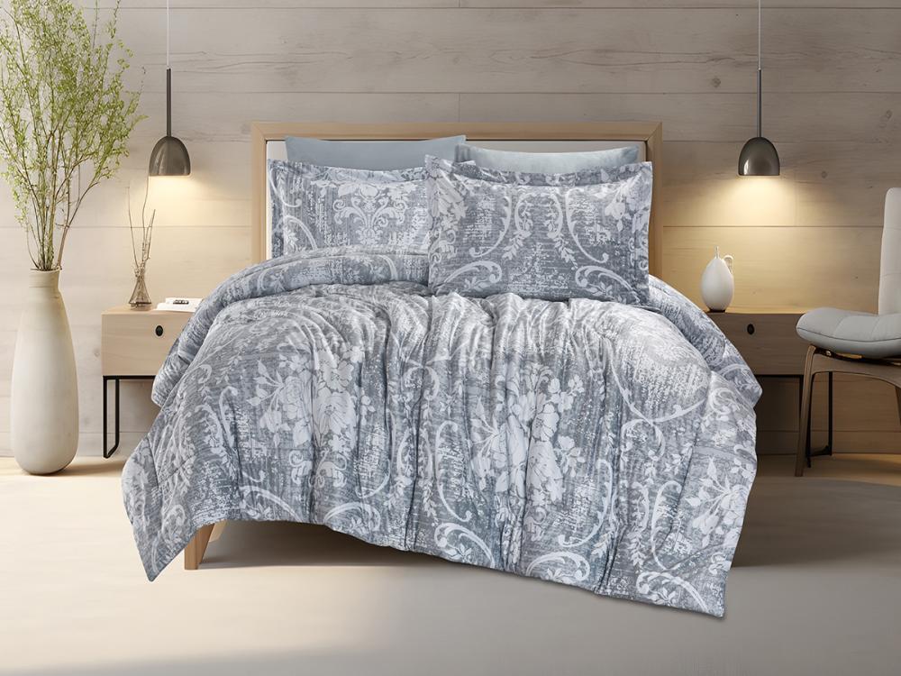 لحاف شتوي كانون مخمل فلانيل كينغ مزدوج طقم 6 قطع -رمادي غامق