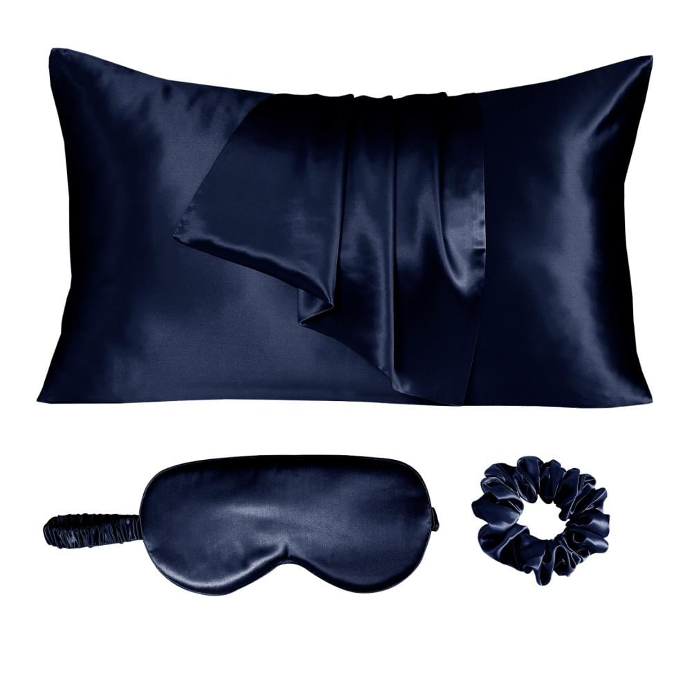 بكج غطاء مخدة حرير طبيعي نقي 3 قطع - كحلي