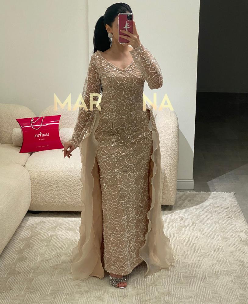 فستان اسلين (فستان كلفه شك.مطرز مع ذيل كسرات جزار)