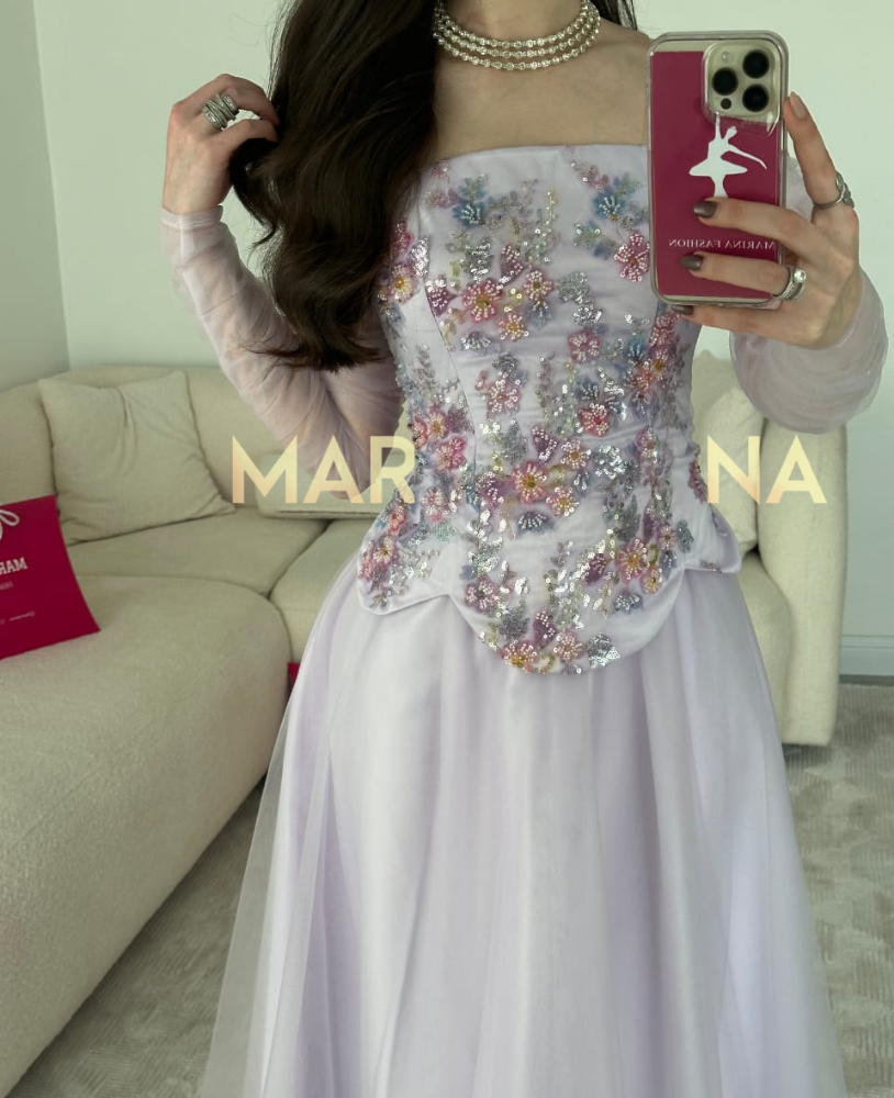 فستان ليان (فسنان موف تل وتفته مزين بكلفه سهره واكمام منفصله)