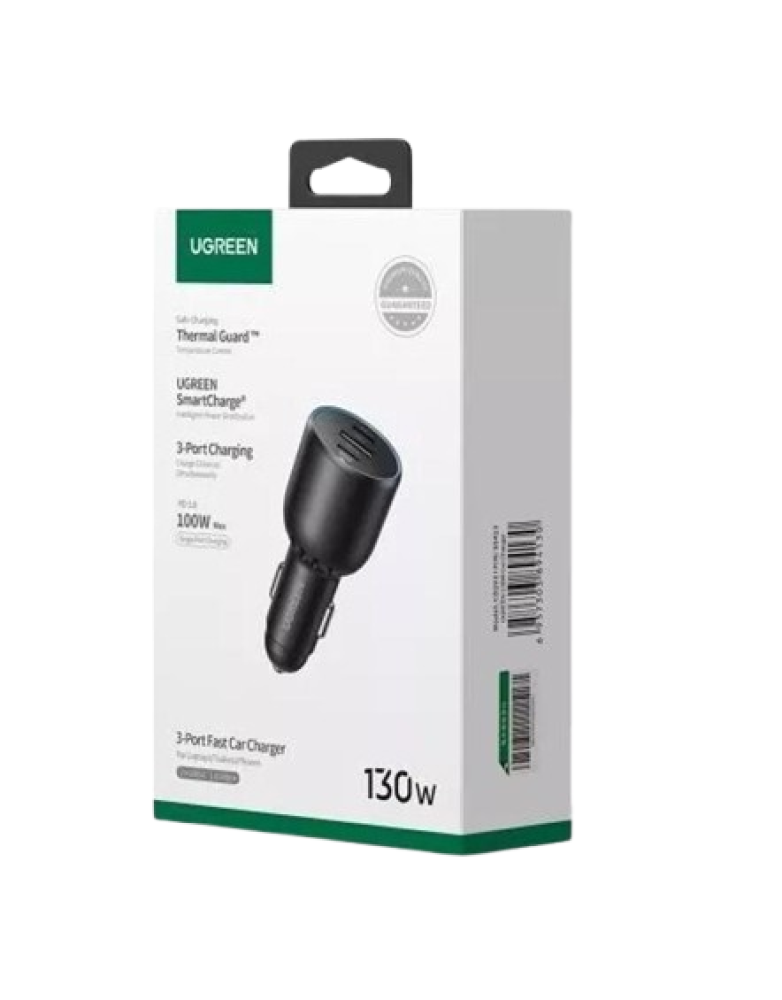 شاحن سيارة بقوة 130 واط من UGREEN | بثلاثة منافذ (2Type-C+USB) شحن سريع PD | أسود