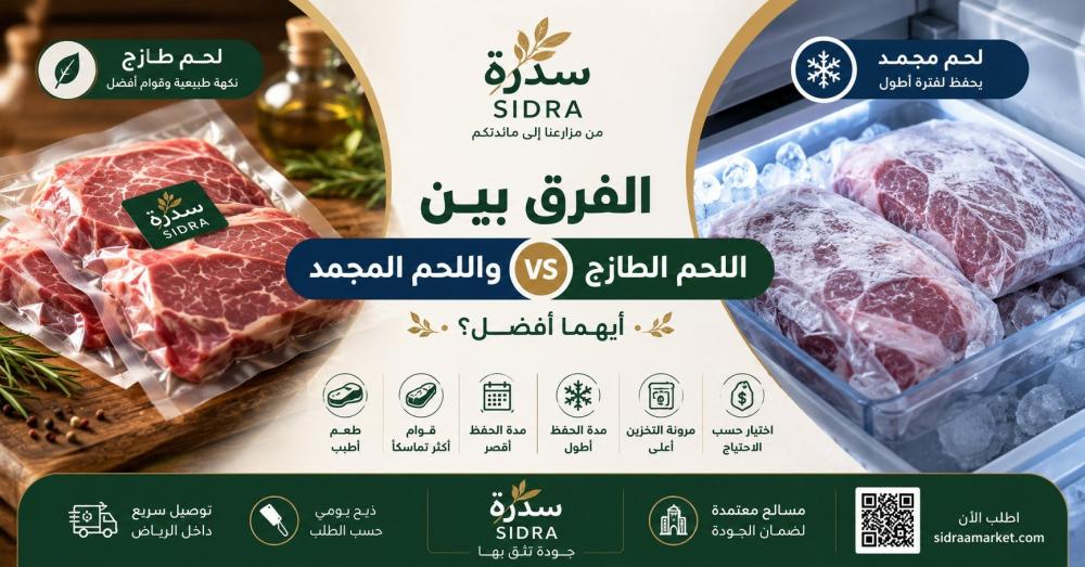 مقارنة بين اللحم الطازج واللحم المجمد بطريقة توضح اختلاف الحفظ والجودة