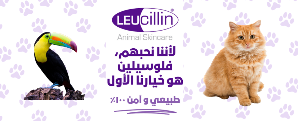 صورة منتج لوسيلين  للعناية بجلد الحيوانات مع عبوة بيضاء وقطة وطائر
