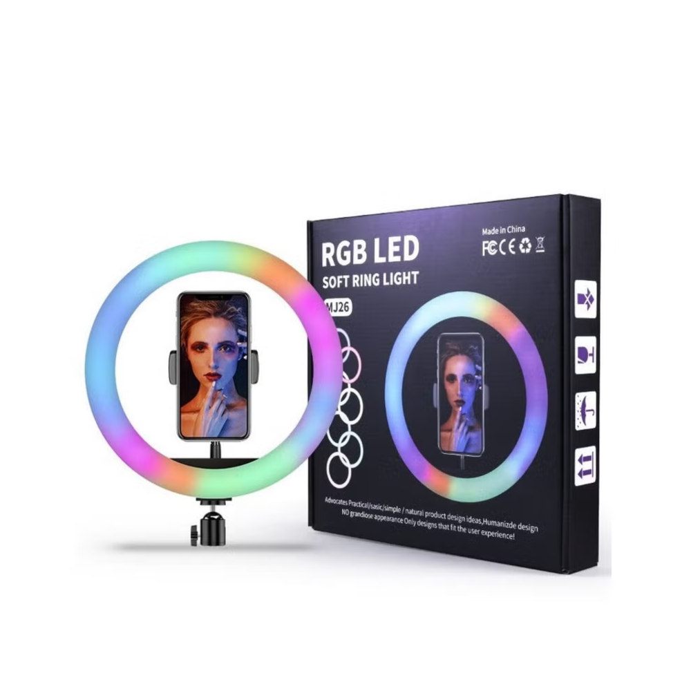 إضاءة حلقة LED RGB MJ26 بحجم 26 سم مع حامل ثلاثي