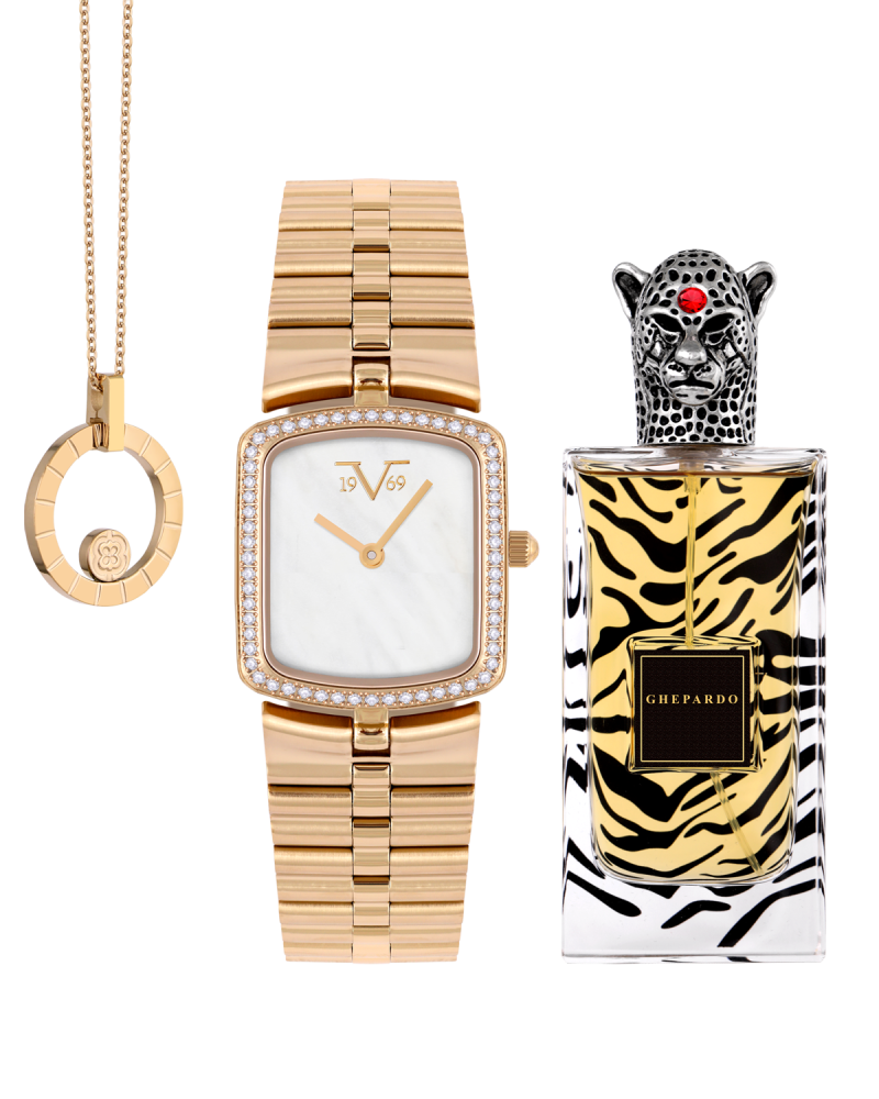 طقم يوم الأم ساعة ماركة V19.69 + عطر  جيبارو - كينج باودر + تعليقة بنفيت