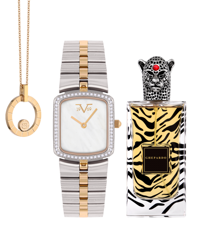 طقم يوم الأم ساعة ماركة V19.69 + عطر  جيبارو - كينج باتشولي+ تعليقة بنفيت